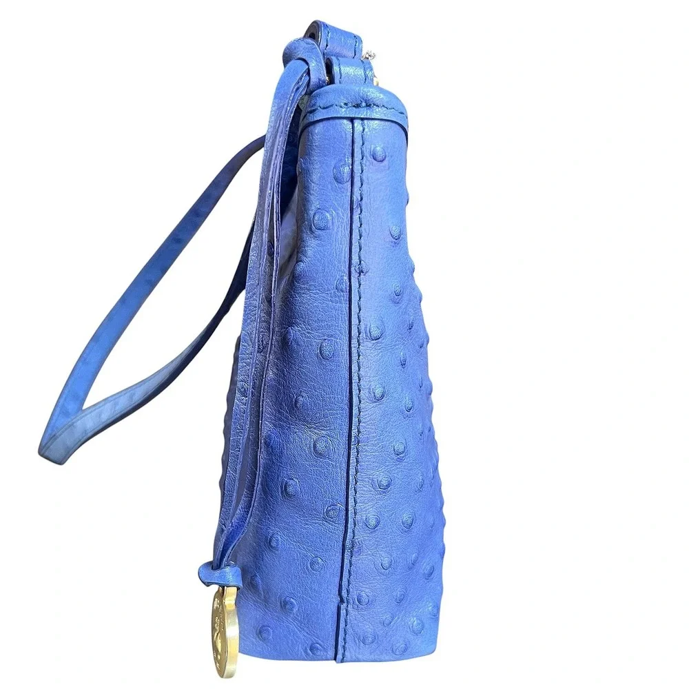 Brahmin Periwinkle Blue Ostrich Embossed Leather Small Shoulder Bag Gold Logo‎
